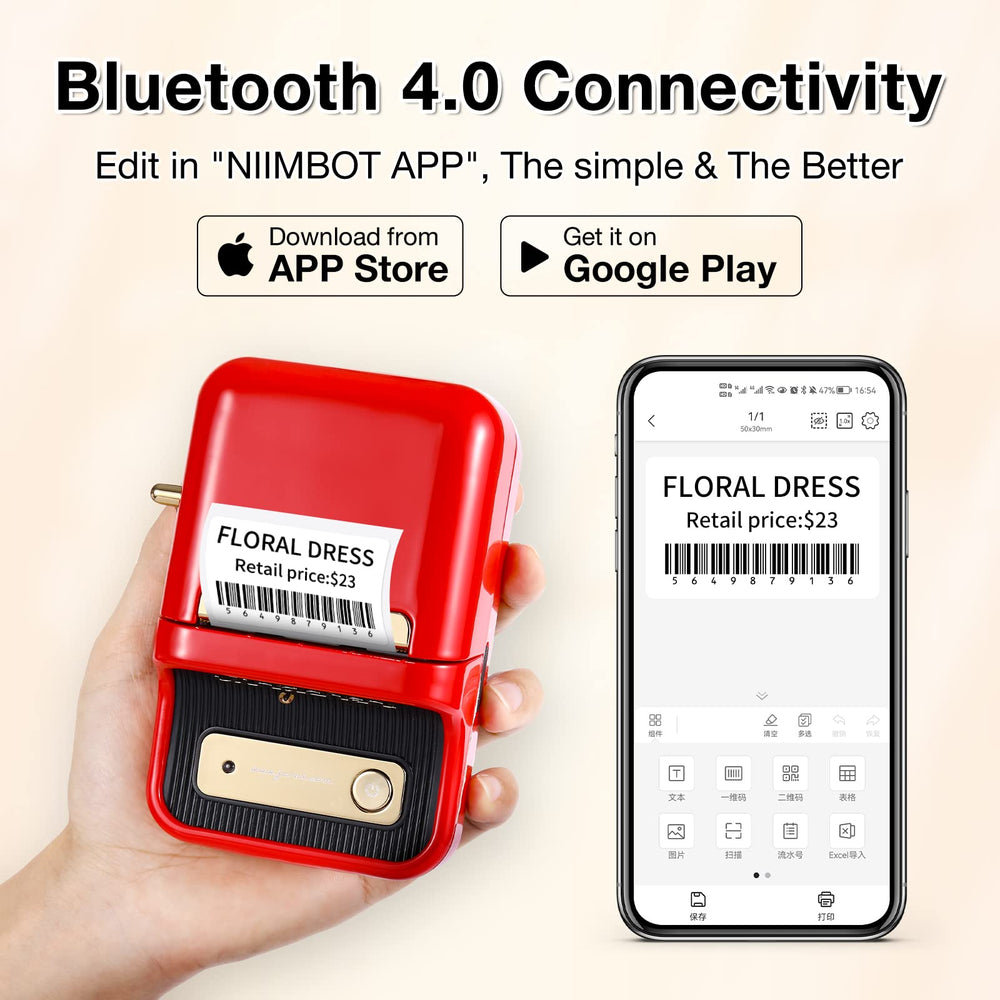 RED Niimbot-B21-portable thermal label bluetooth printer including free label (50*30mm-white)